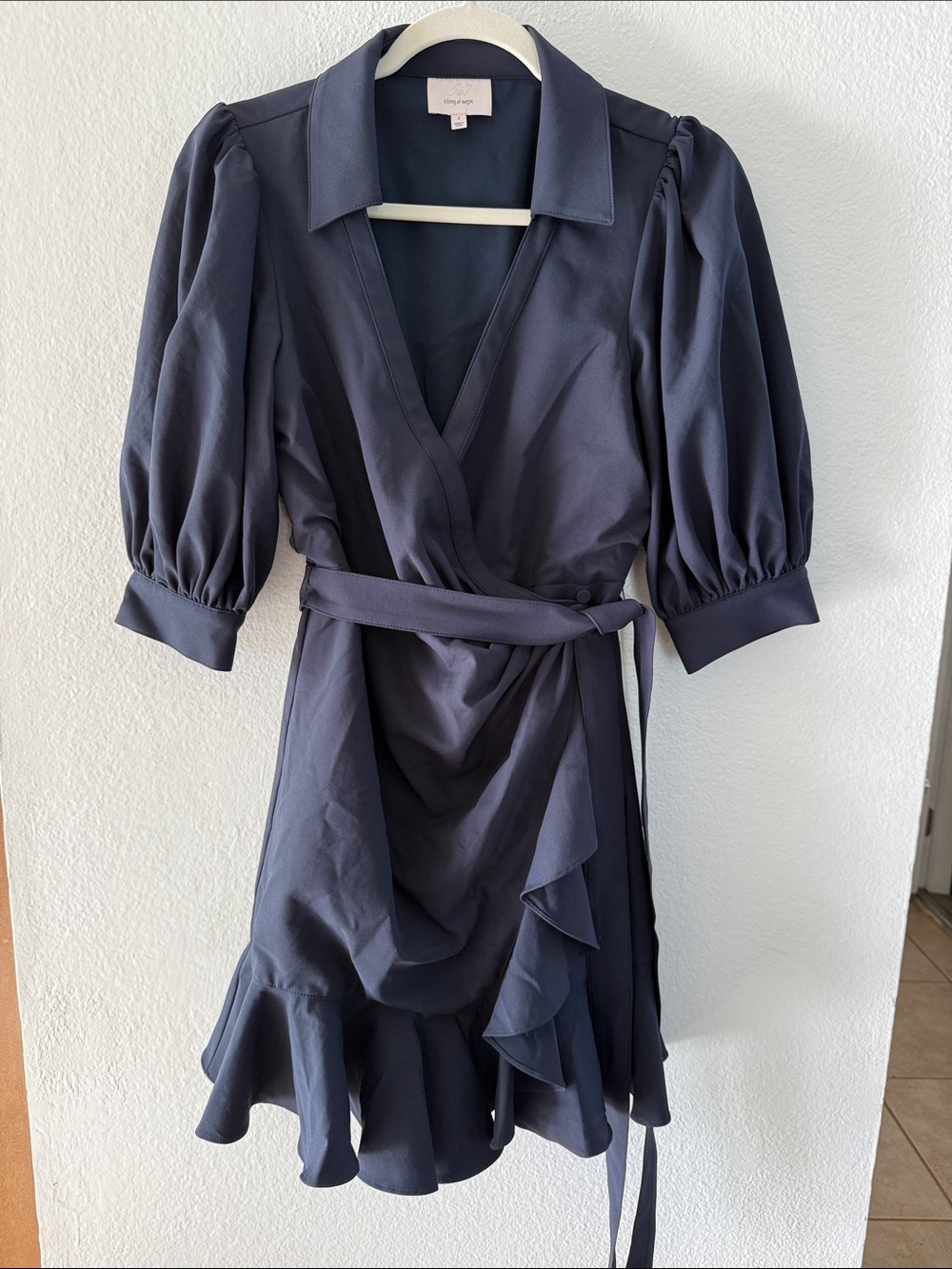 Cinq à Sept Vickie Puff-Sleeve Ruffled Mini Wrap Dress in Navy - Size 2